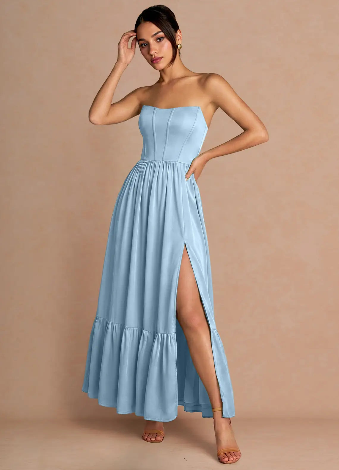 Dusty Blue Strapless Corset Lace Up Ruffle Slit Satin Maxi Bridesmaid Dress