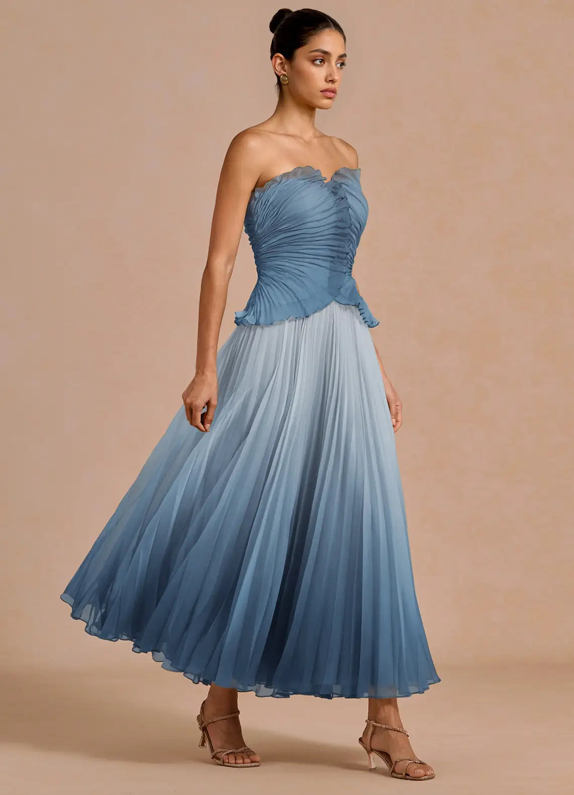 Dusty Blue Strapless Ruffle Gradient Pleated Midi A-Line Wedding Guest Dress