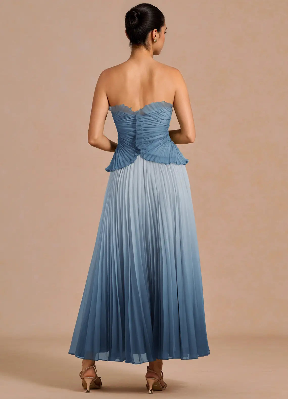 Dusty Blue Strapless Ruffle Gradient Pleated Midi A-Line Wedding Guest Dress