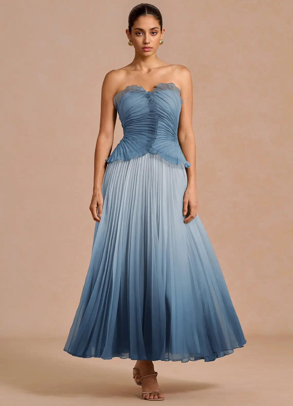 Dusty Blue Strapless Ruffle Gradient Pleated Midi A-Line Wedding Guest Dress