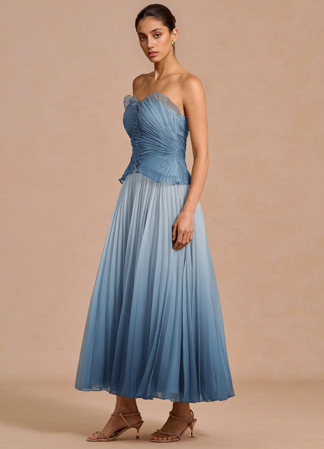 Dusty Blue Strapless Ruffle Gradient Pleated Midi A-Line Wedding Guest Dress