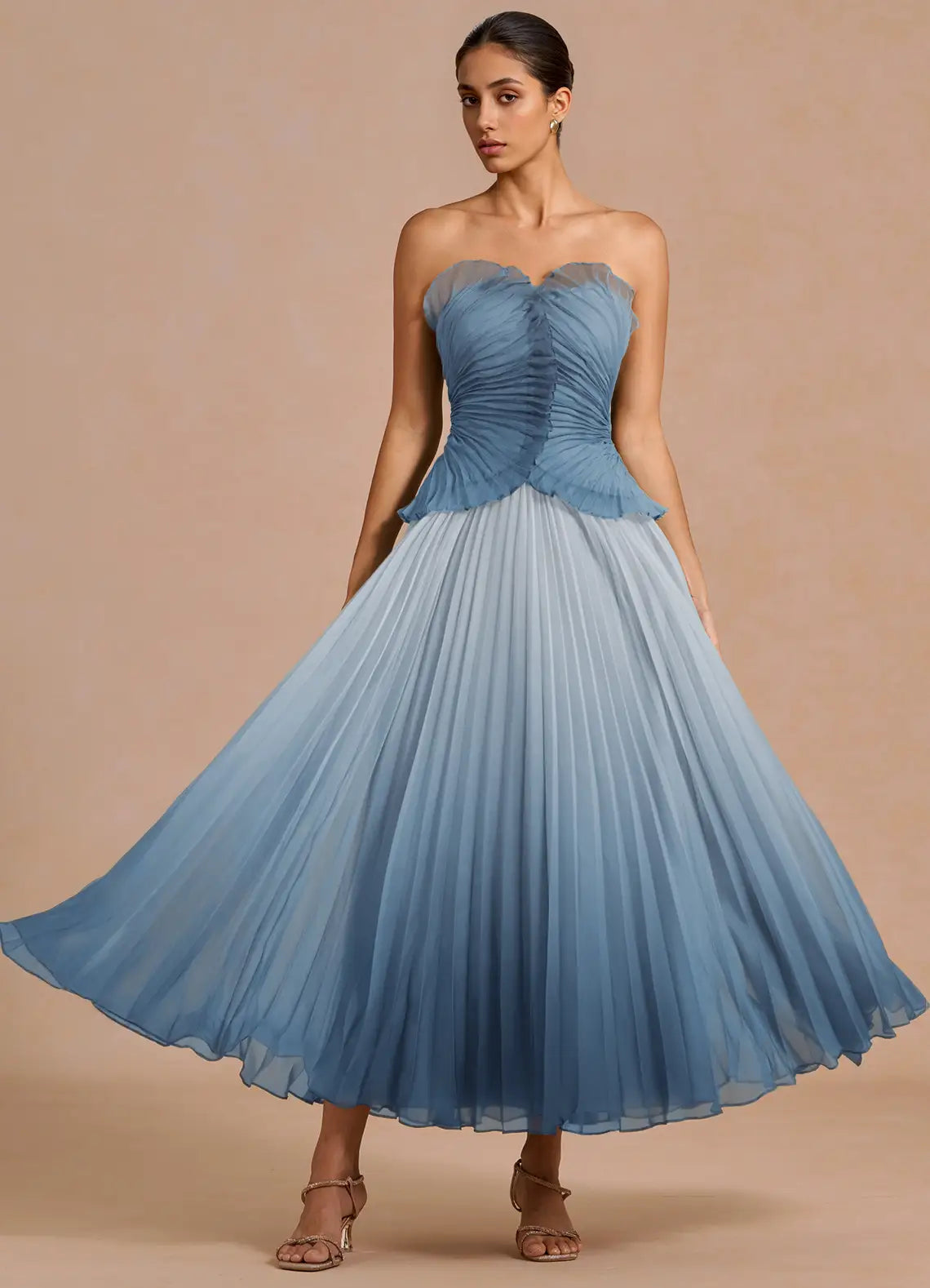 Dusty Blue Strapless Ruffle Gradient Pleated Midi A-Line Wedding Guest Dress