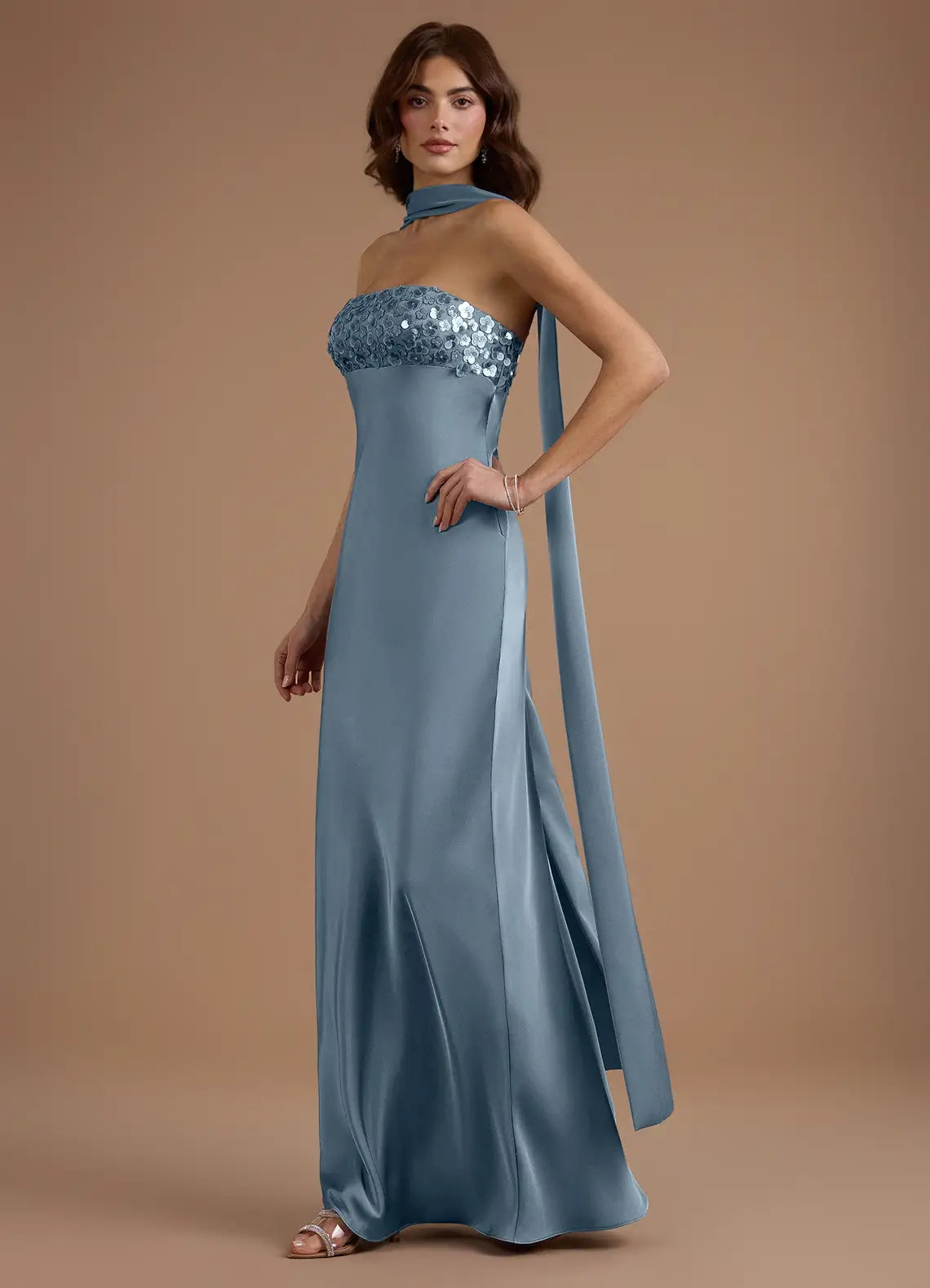 Dusty Blue Strapless Sequin Halter Scarf Cape Mermaid Maxi Satin Wedding Guest Dress