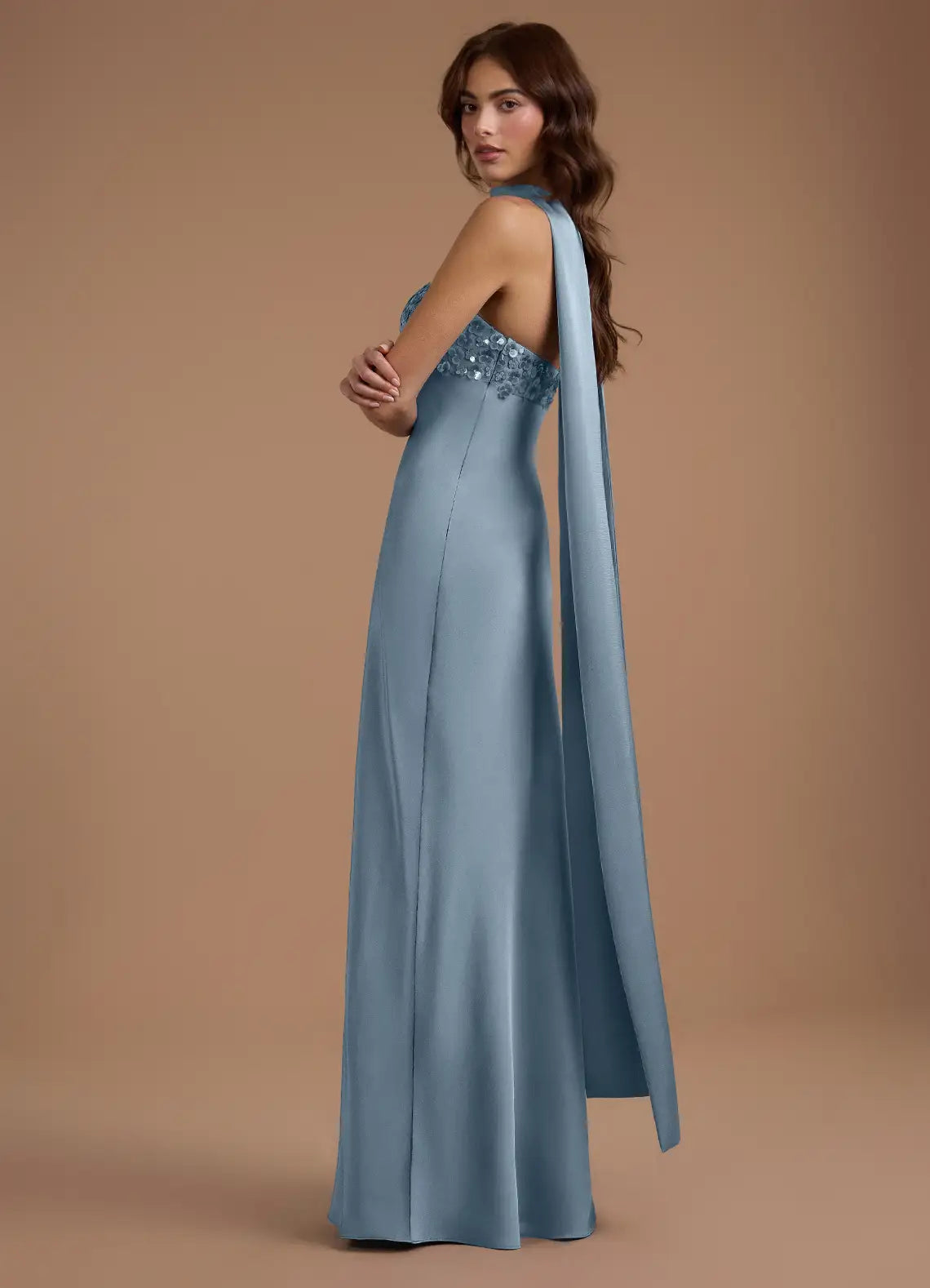 Dusty Blue Strapless Sequin Halter Scarf Cape Mermaid Maxi Satin Wedding Guest Dress