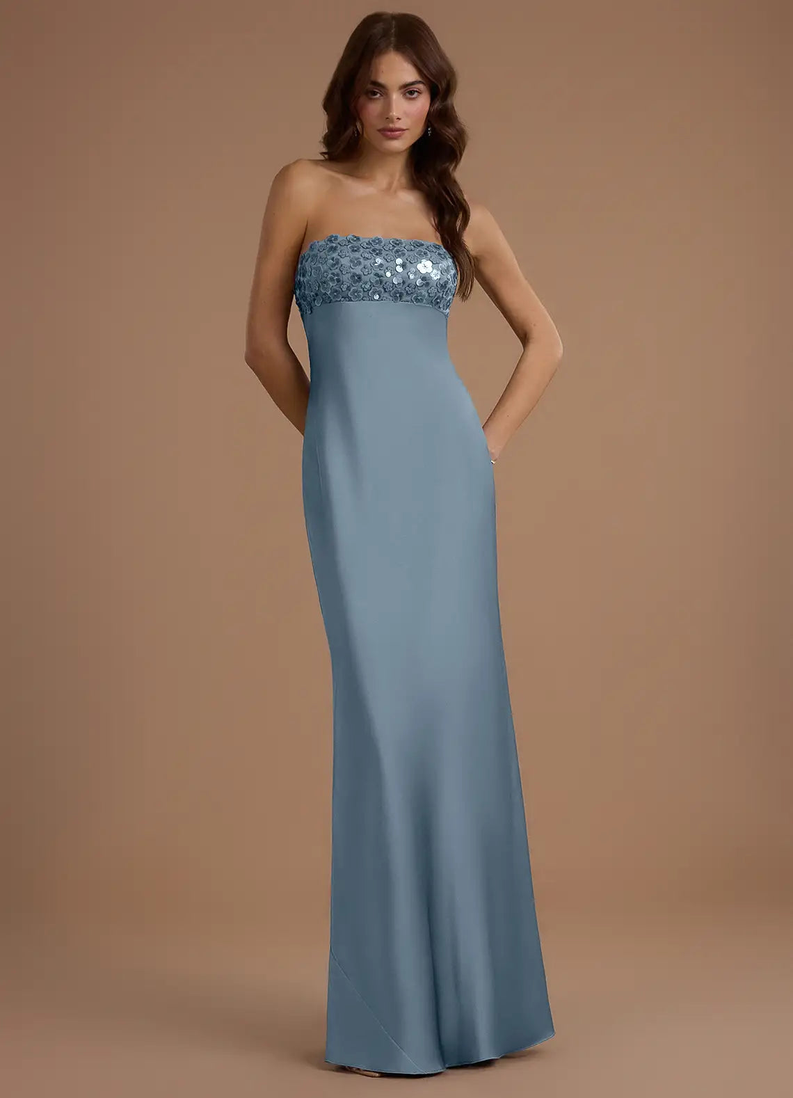 Dusty Blue Strapless Sequin Halter Scarf Cape Mermaid Maxi Satin Wedding Guest Dress
