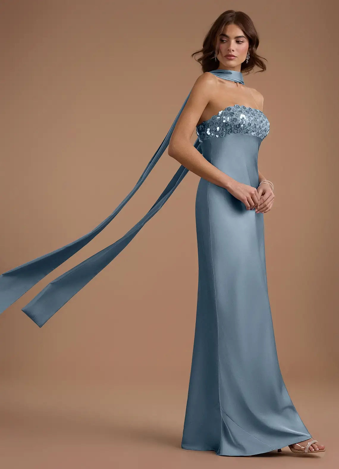 Dusty Blue Strapless Sequin Halter Scarf Cape Mermaid Maxi Satin Wedding Guest Dress