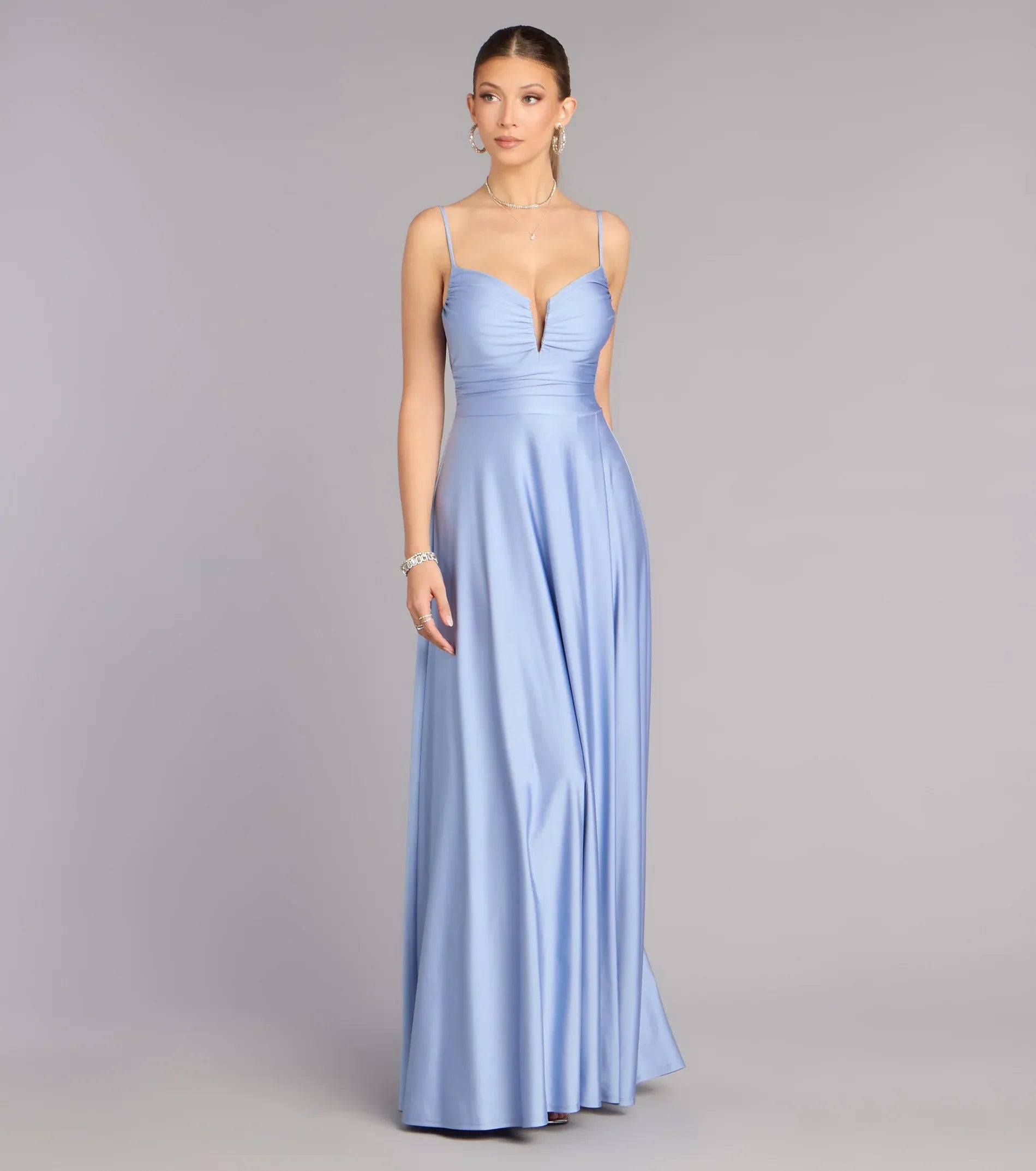 Dusty Blue Thin Spaghetti Strap Ruched Split V Low Back A Line Satin Maxi Wedding Guest Dress