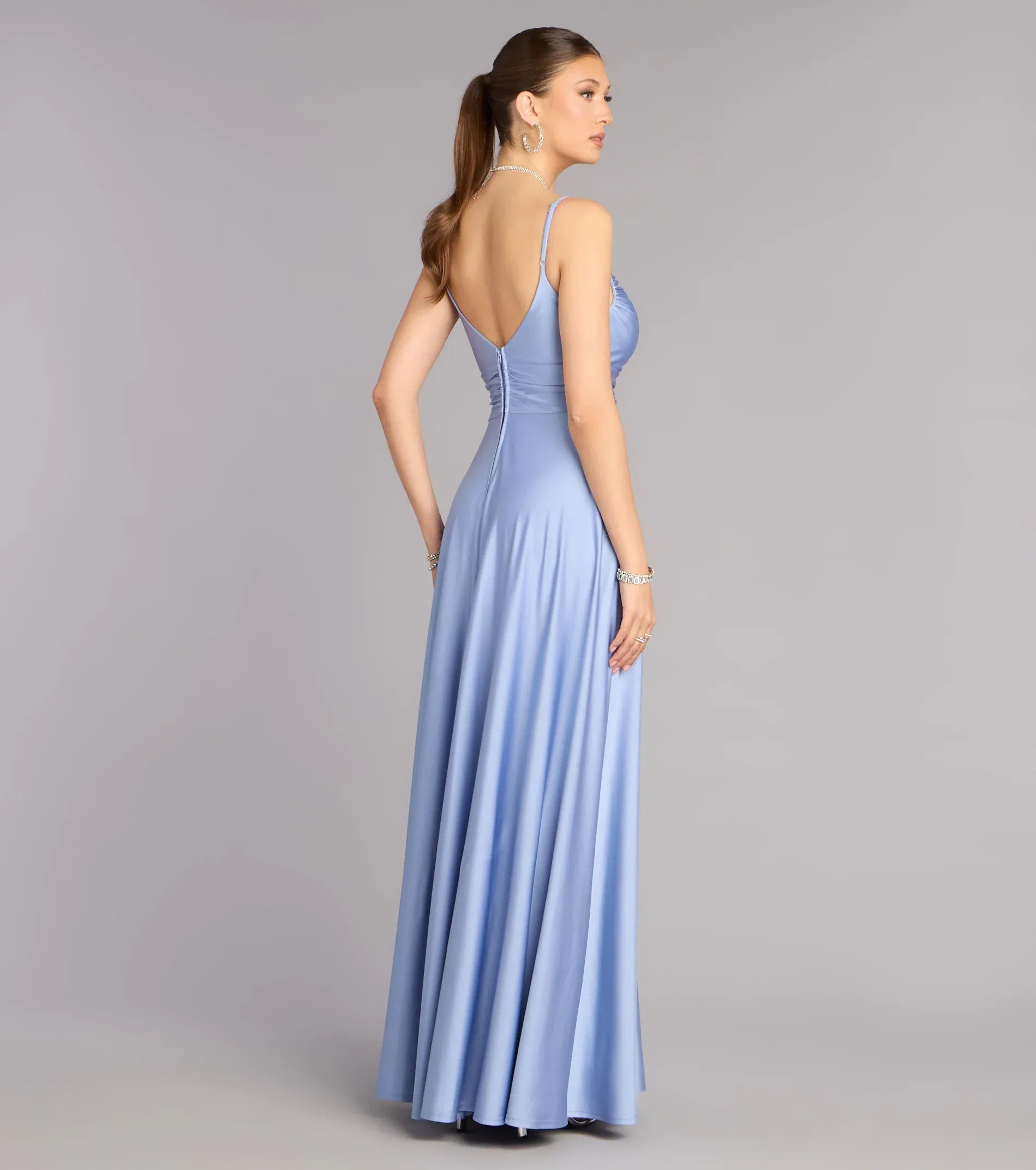 Dusty Blue Thin Spaghetti Strap Ruched Split V Low Back A Line Satin Maxi Wedding Guest Dress