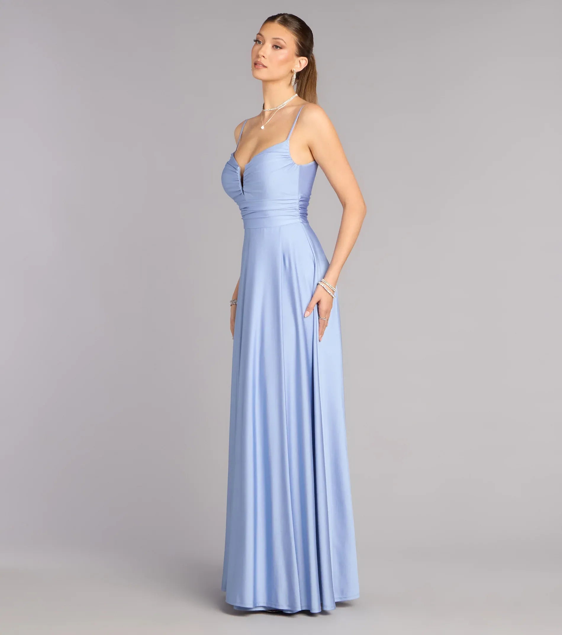 Dusty Blue Thin Spaghetti Strap Ruched Split V Low Back A Line Satin Maxi Wedding Guest Dress