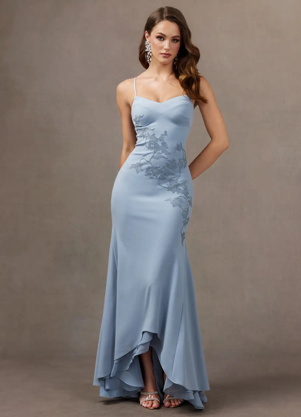 Dusty Blue Thin Strap Sweetheart Lace Appliqué High Low Mermaid Maxi Bridesmaid Dress