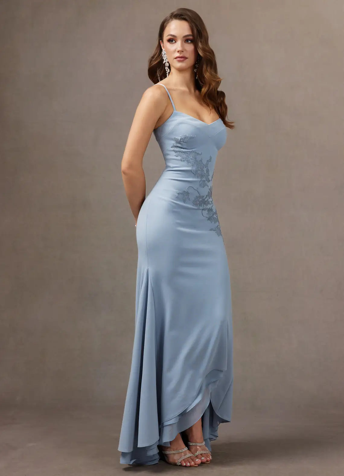 Dusty Blue Thin Strap Sweetheart Lace Appliqué High Low Mermaid Maxi Bridesmaid Dress