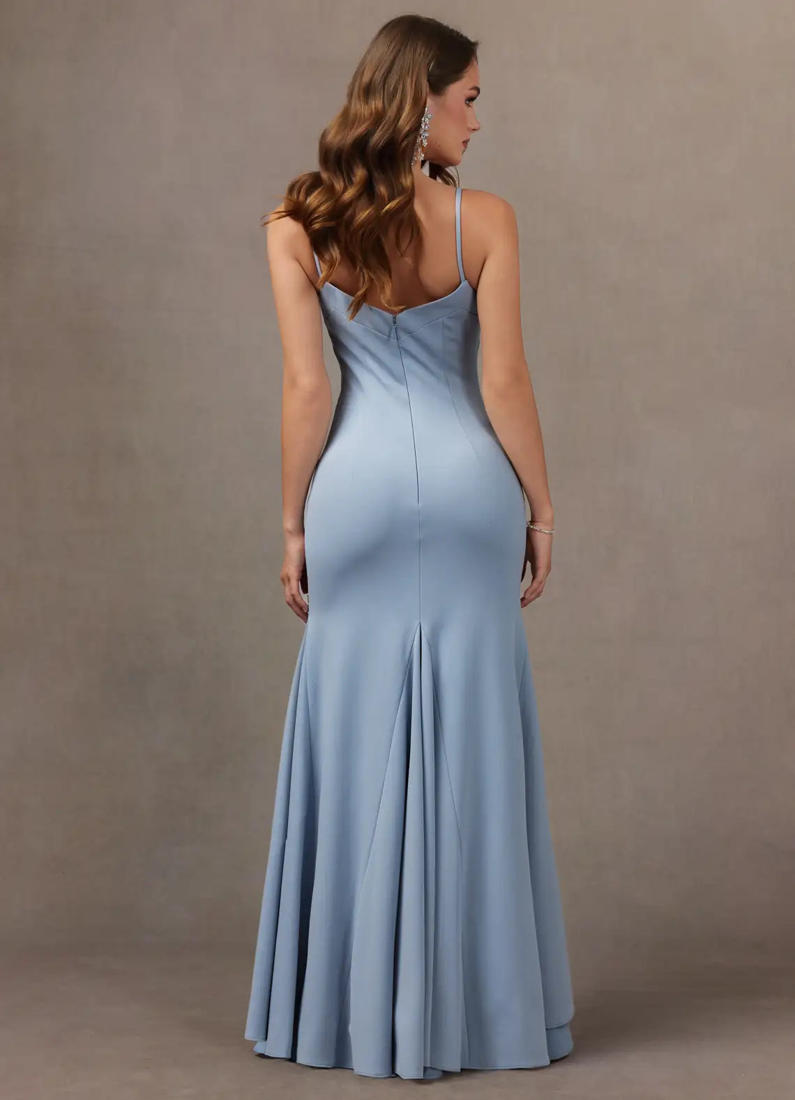 Dusty Blue Thin Strap Sweetheart Lace Appliqué High Low Mermaid Maxi Bridesmaid Dress