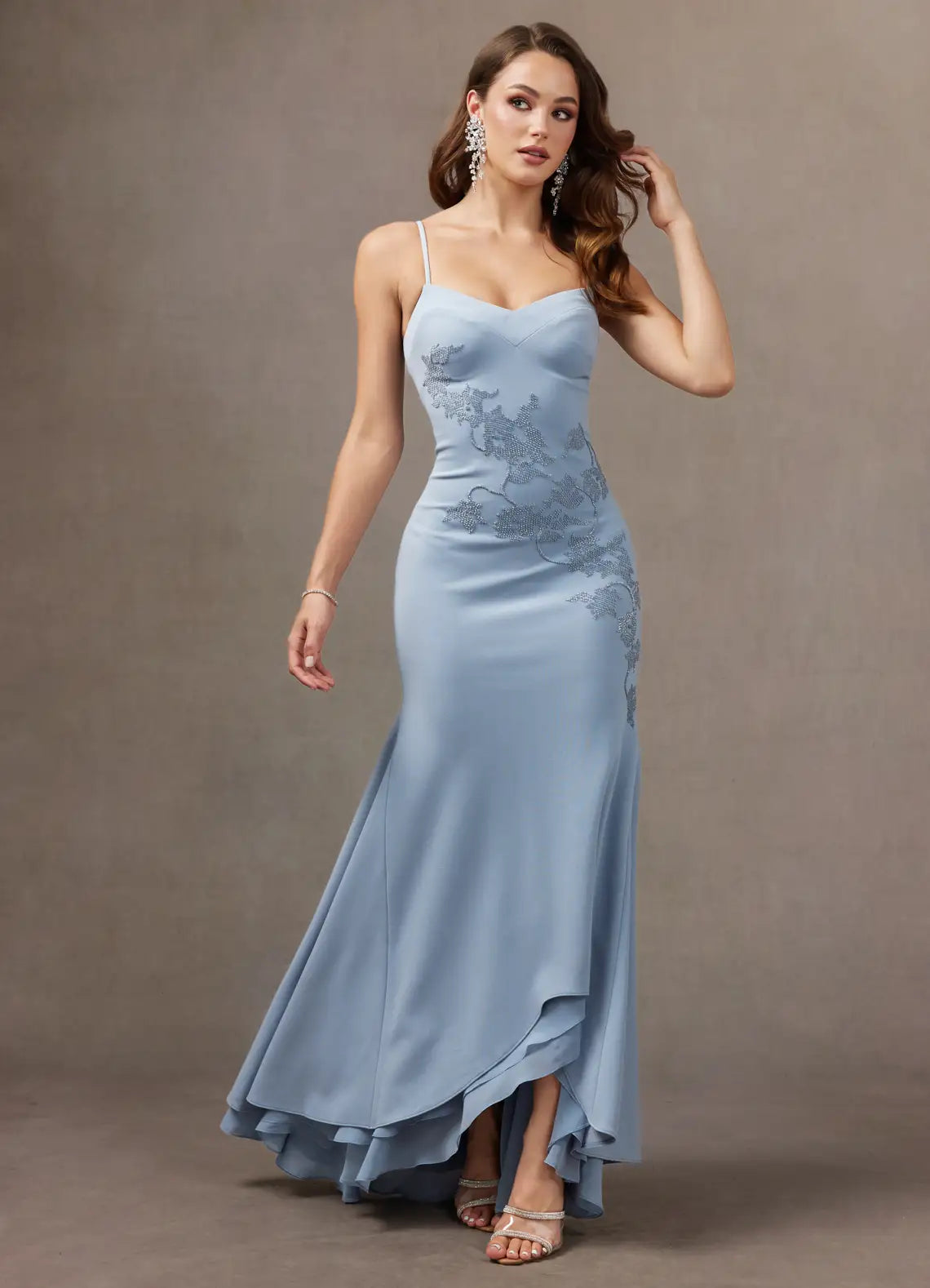 Dusty Blue Thin Strap Sweetheart Lace Appliqué High Low Mermaid Maxi Bridesmaid Dress