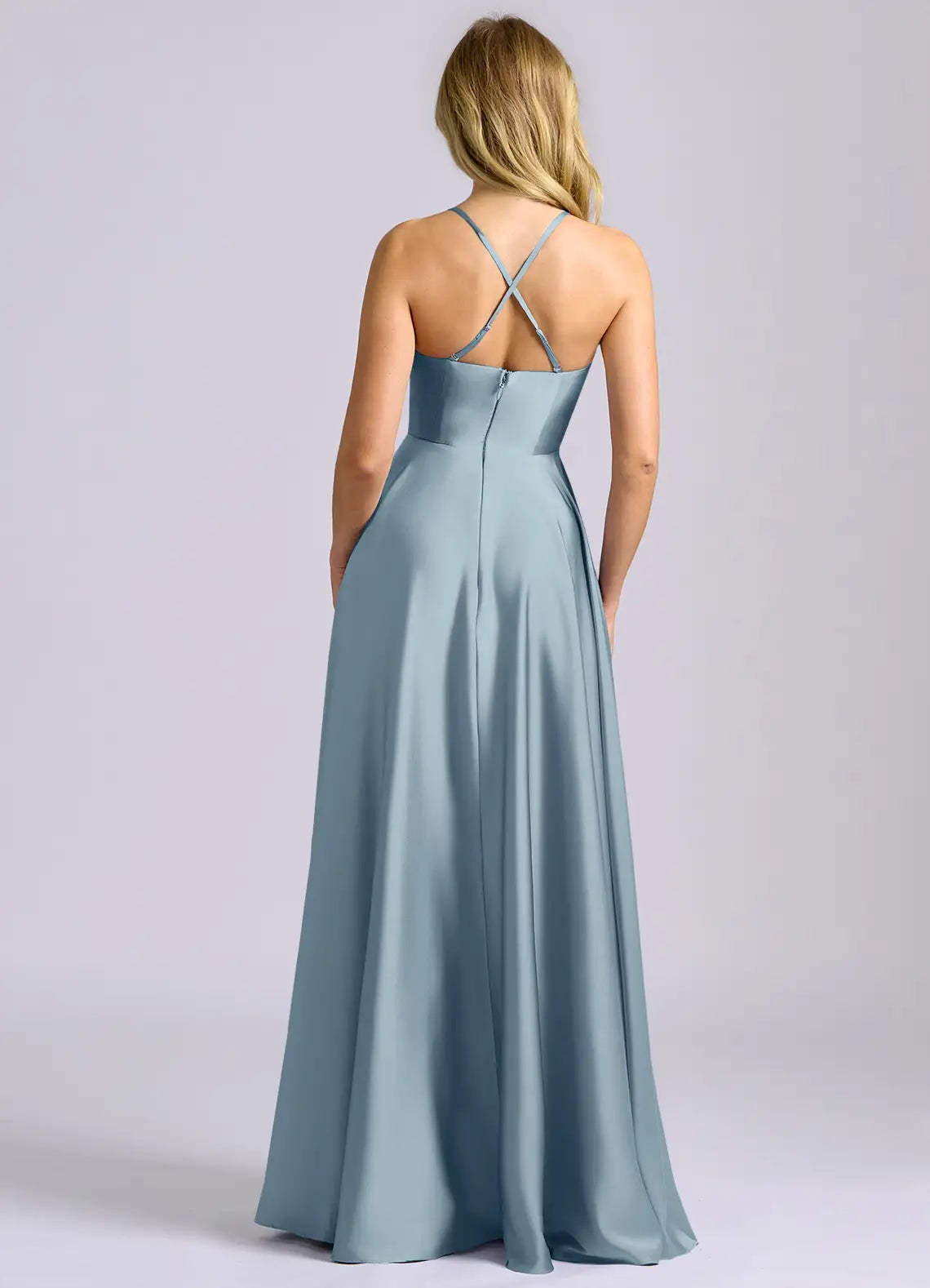 Dusty Blue Thin Strap V Neck Criss Cross Back A-Line Maxi Satin Bridesmaid Dress
