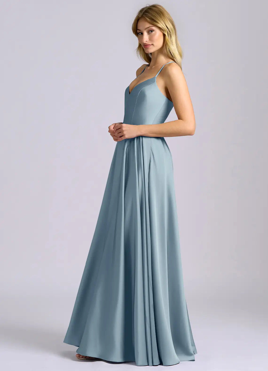 Dusty Blue Thin Strap V Neck Criss Cross Back A-Line Maxi Satin Bridesmaid Dress