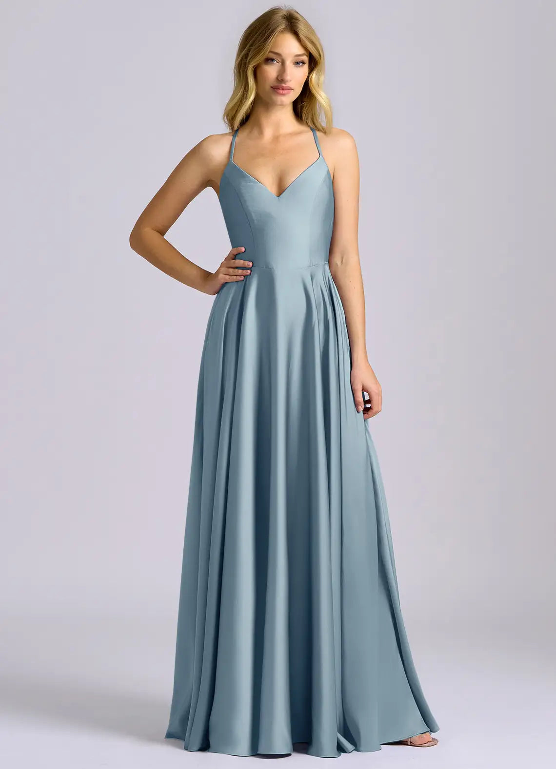Dusty Blue Thin Strap V Neck Criss Cross Back A-Line Maxi Satin Bridesmaid Dress