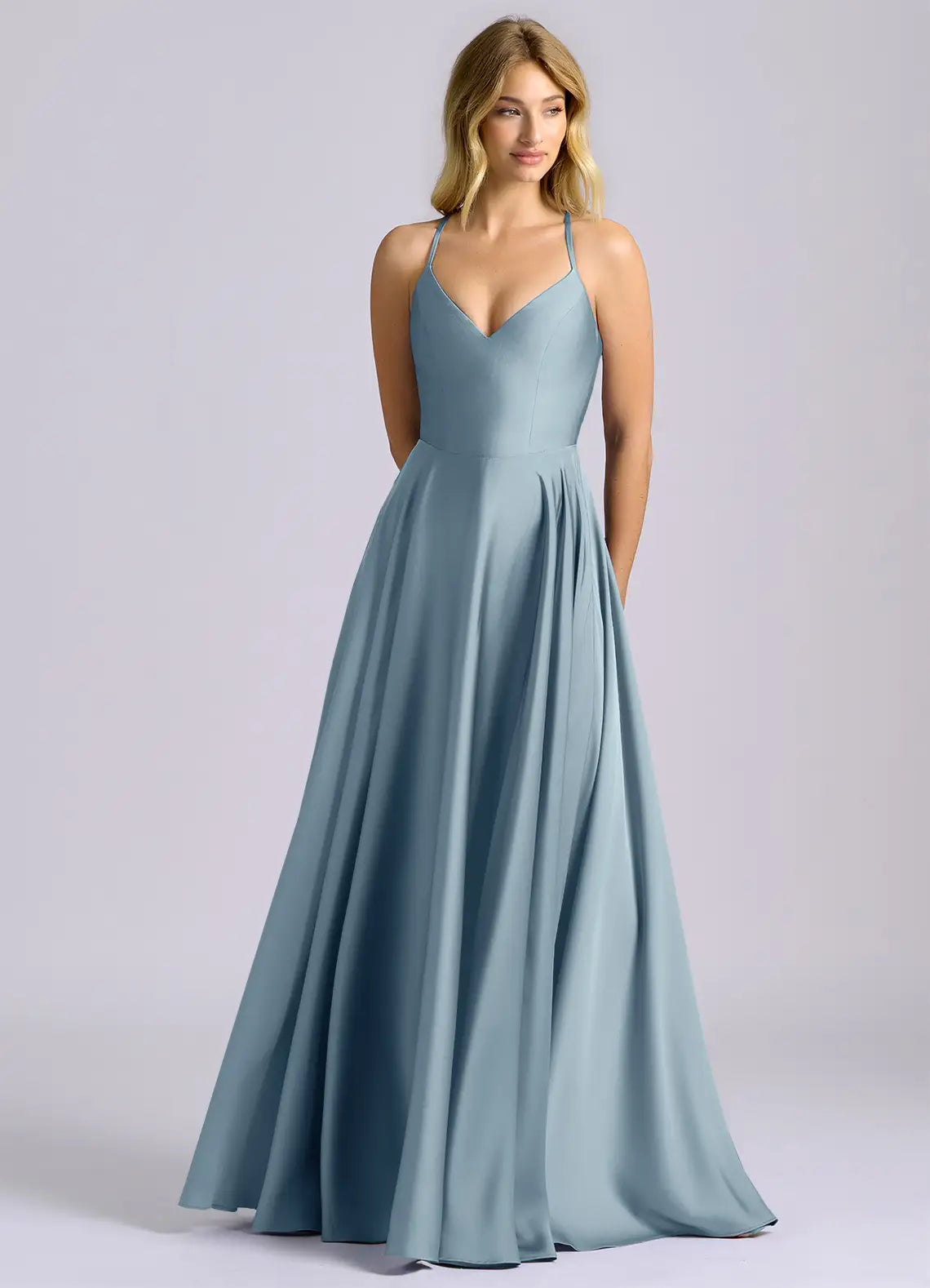 Dusty Blue Thin Strap V Neck Criss Cross Back A-Line Maxi Satin Bridesmaid Dress