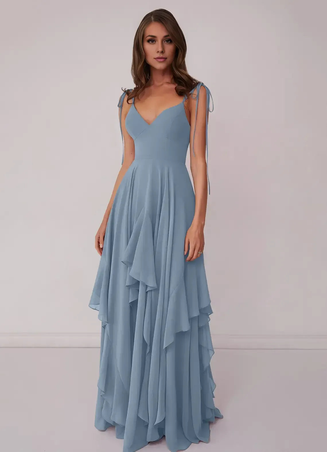 Dusty Blue Tie Spaghetti Strap V Neck Tiered Ruffle Floor Length Chiffon Bridesmaid Dress