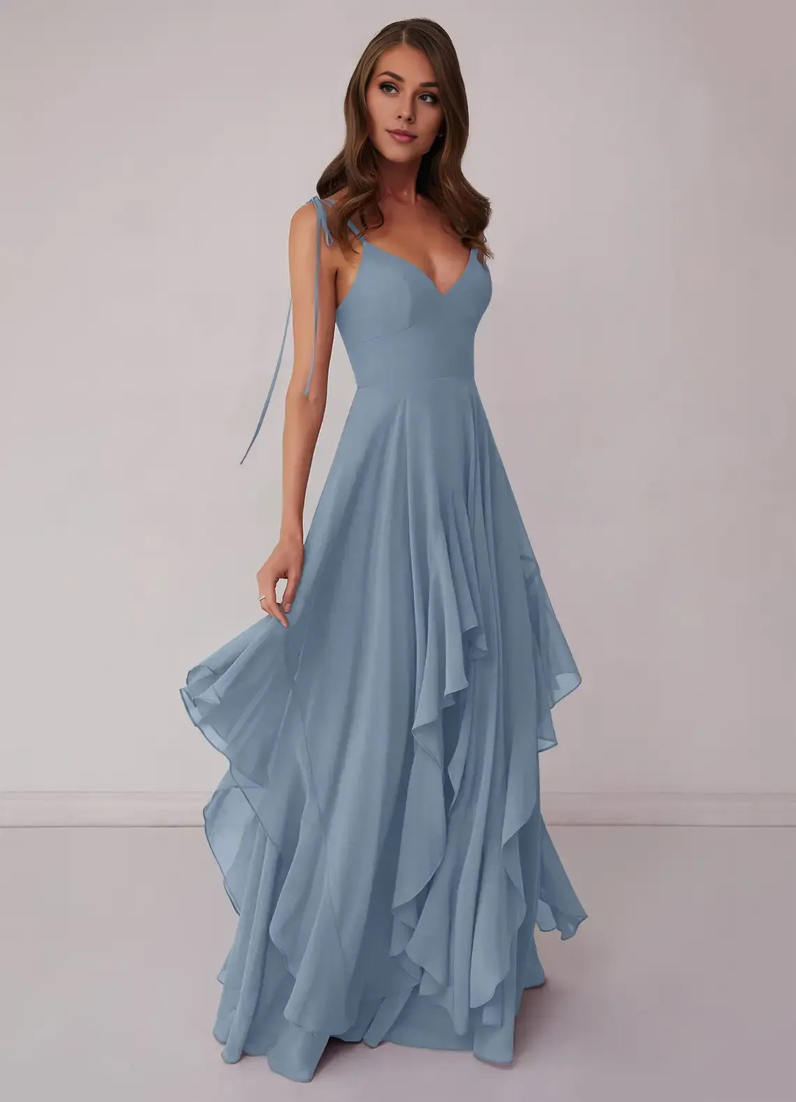 Dusty Blue Tie Spaghetti Strap V Neck Tiered Ruffle Floor Length Chiffon Bridesmaid Dress
