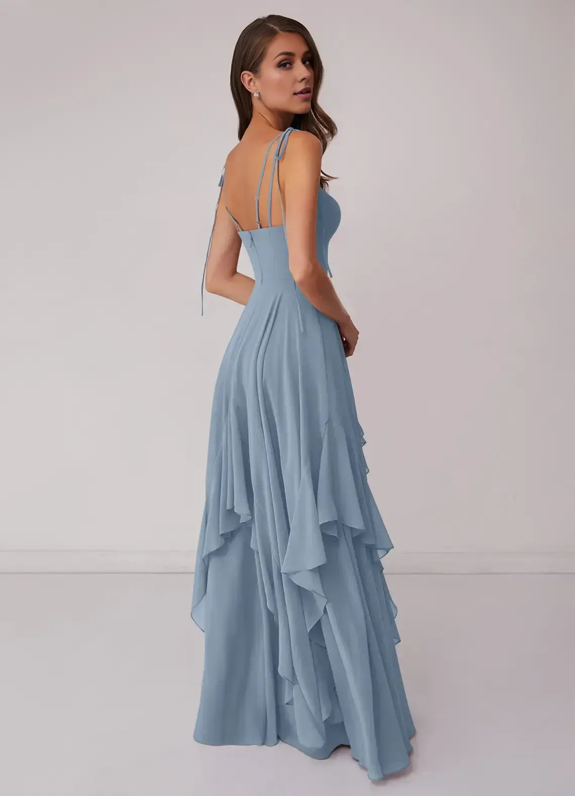 Dusty Blue Tie Spaghetti Strap V Neck Tiered Ruffle Floor Length Chiffon Bridesmaid Dress