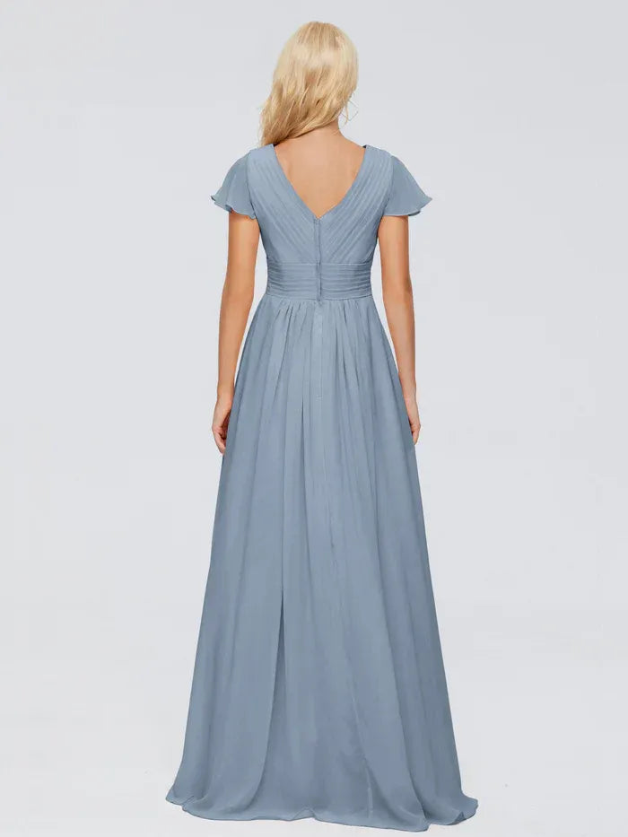 Dusty Blue V Neck Flutter Short Sleeve Empire Waist Floor Length A Line Chiffon Bridesmaid Dress