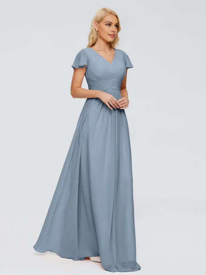Dusty Blue V Neck Flutter Short Sleeve Empire Waist Floor Length A Line Chiffon Bridesmaid Dress
