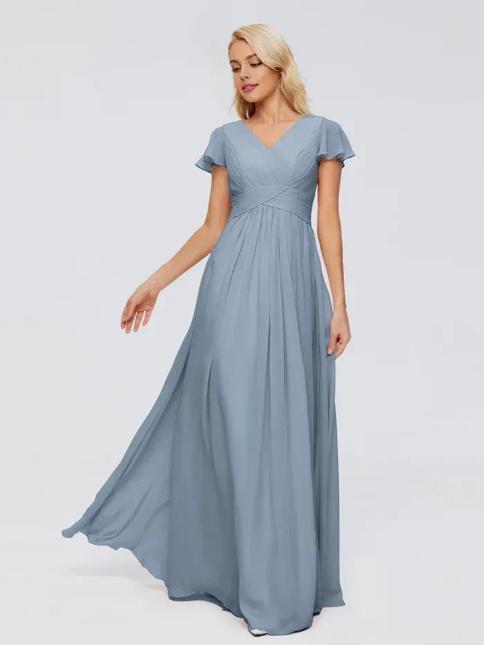 Dusty Blue V Neck Flutter Short Sleeve Empire Waist Floor Length A Line Chiffon Bridesmaid Dress