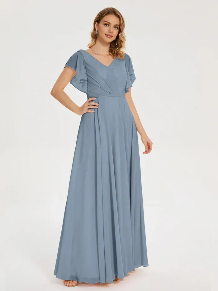 Dusty Blue V Neck Flutter Short Sleeve Empire Waist High Slit Floor Length A Line Chiffon Bridesmaid Dress