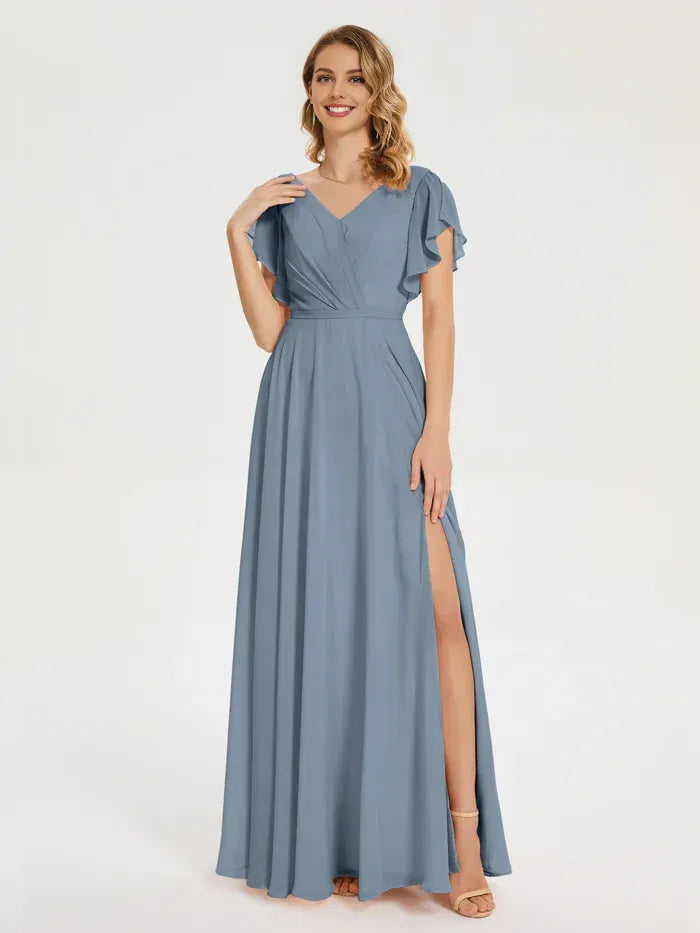 Dusty Blue V Neck Flutter Short Sleeve Empire Waist High Slit Floor Length A Line Chiffon Bridesmaid Dress