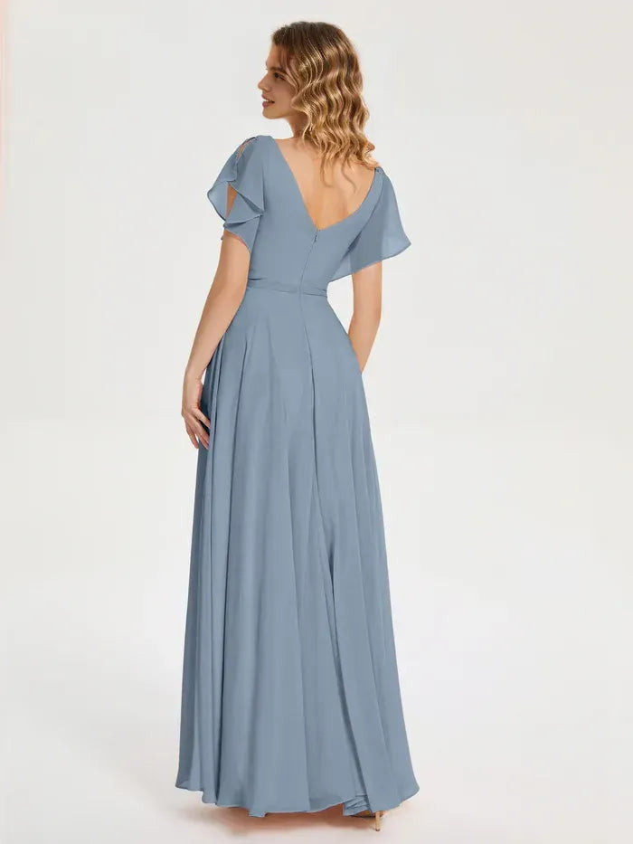 Dusty Blue V Neck Flutter Short Sleeve Empire Waist High Slit Floor Length A Line Chiffon Bridesmaid Dress