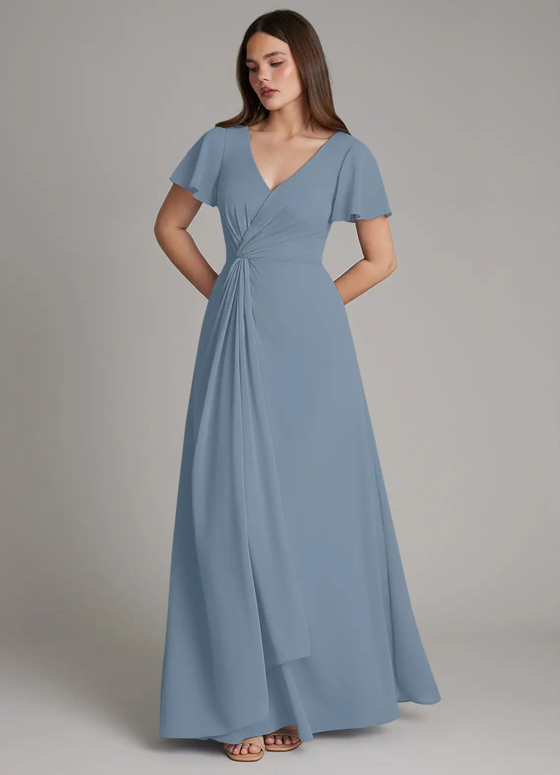 Dusty Blue V Neck Flutter Sleeve Twist Waist A-Line Maxi Chiffon Bridesmaid Dress