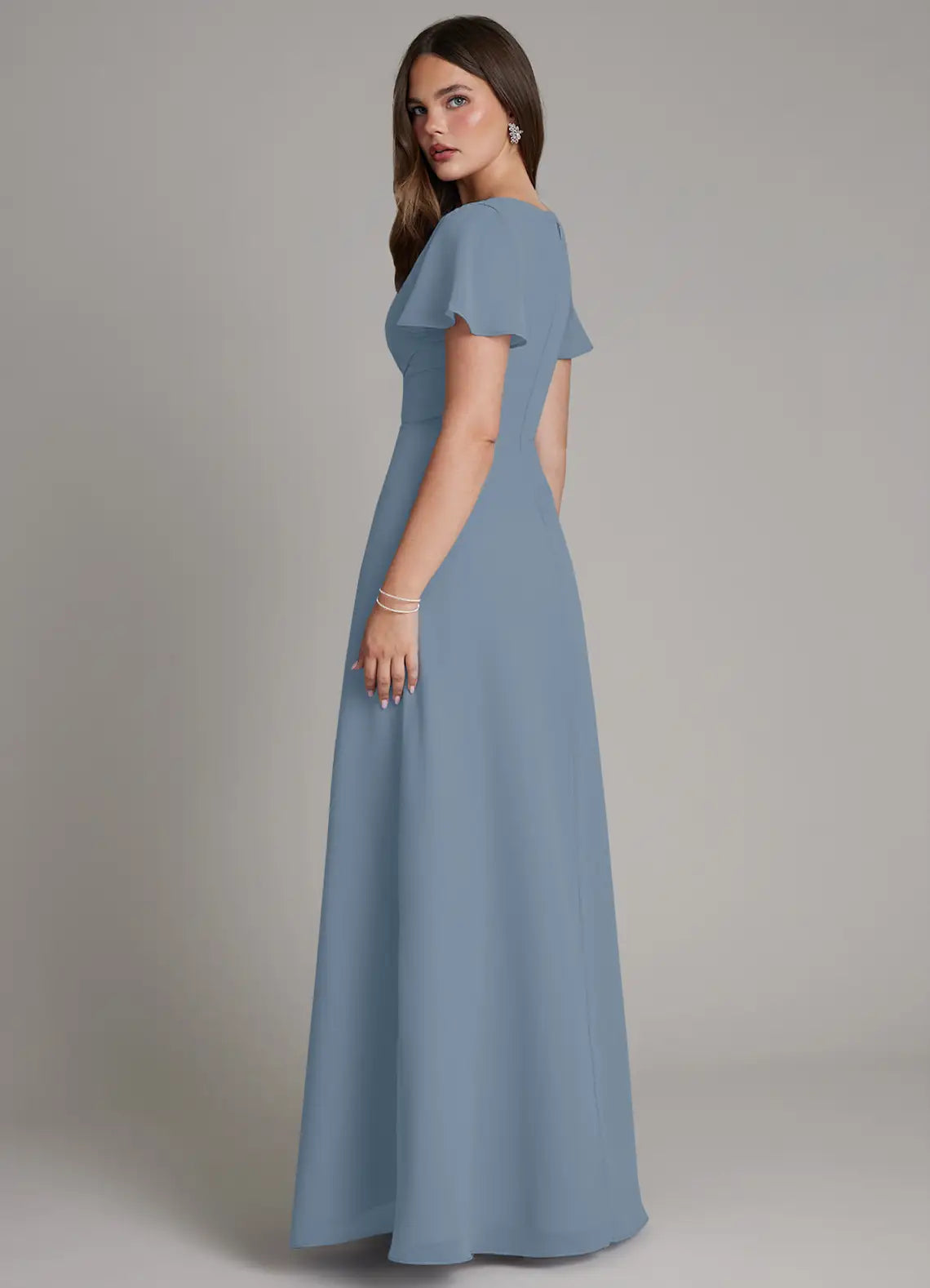 Dusty Blue V Neck Flutter Sleeve Twist Waist A-Line Maxi Chiffon Bridesmaid Dress