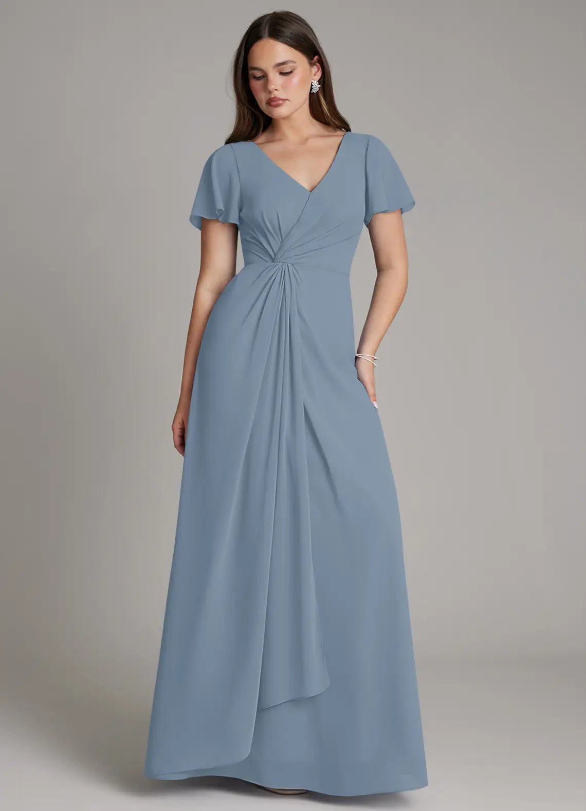 Dusty Blue V Neck Flutter Sleeve Twist Waist A-Line Maxi Chiffon Bridesmaid Dress