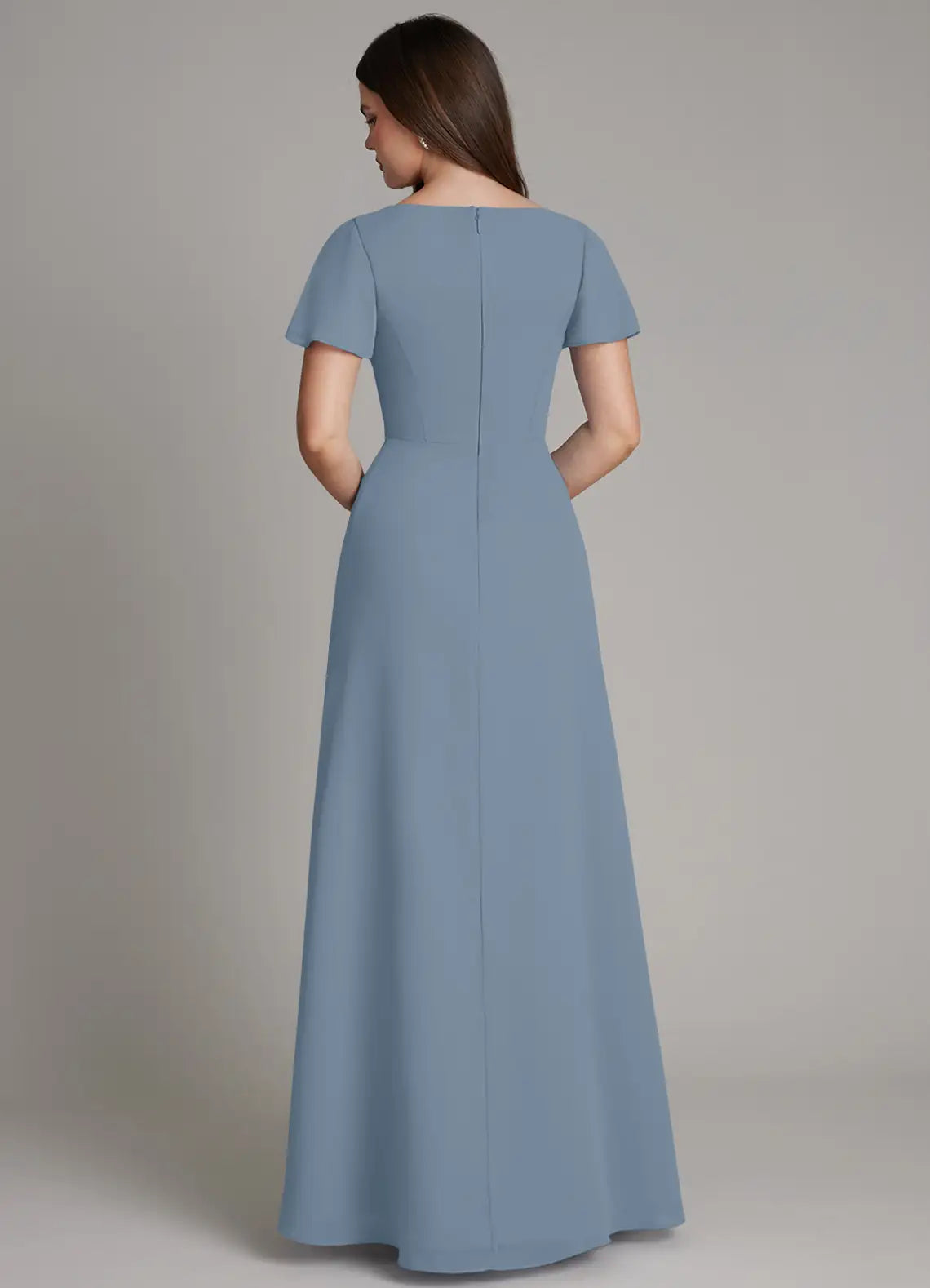 Dusty Blue V Neck Flutter Sleeve Twist Waist A-Line Maxi Chiffon Bridesmaid Dress