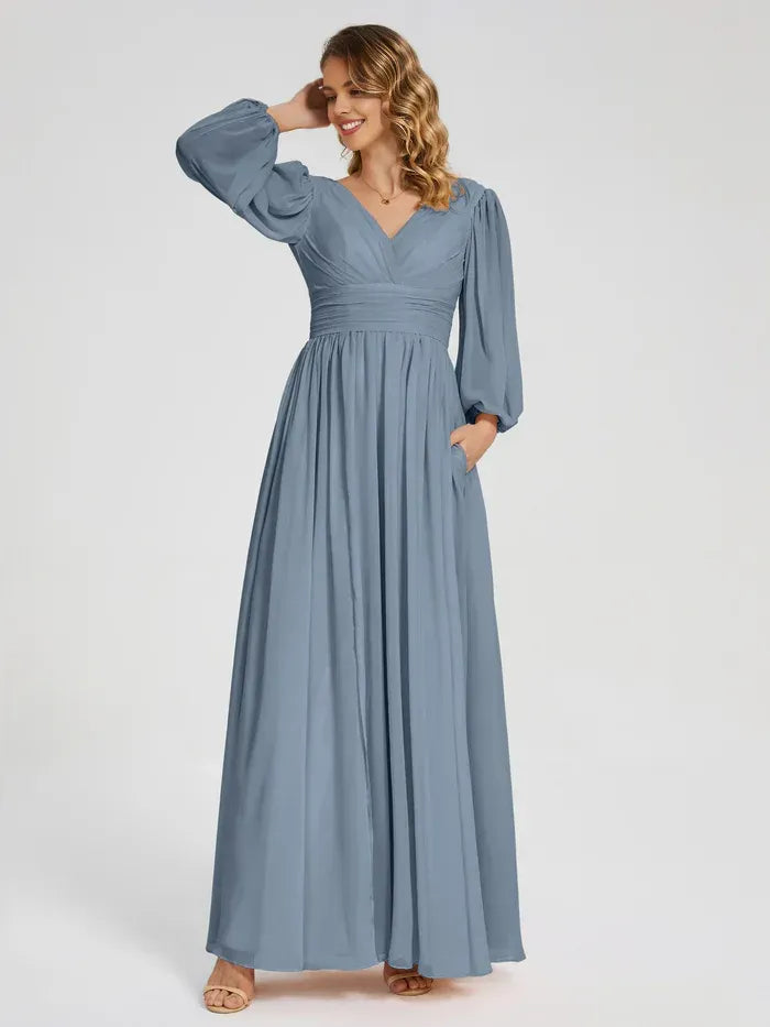 Dusty Blue V Neck Puff Three Quarter Sleeve Tie Back High Slit Floor Length A Line Chiffon Bridesmaid Dress