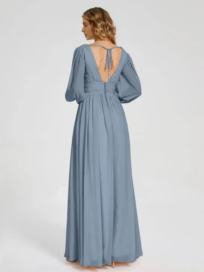 Dusty Blue V Neck Puff Three Quarter Sleeve Tie Back High Slit Floor Length A Line Chiffon Bridesmaid Dress