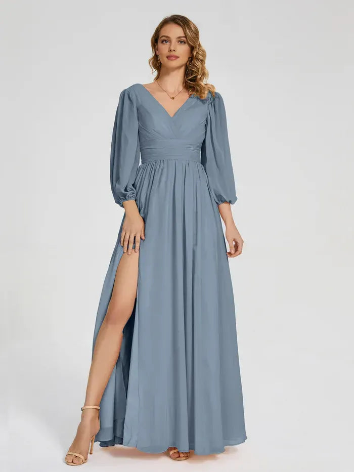 Dusty Blue V Neck Puff Three Quarter Sleeve Tie Back High Slit Floor Length A Line Chiffon Bridesmaid Dress