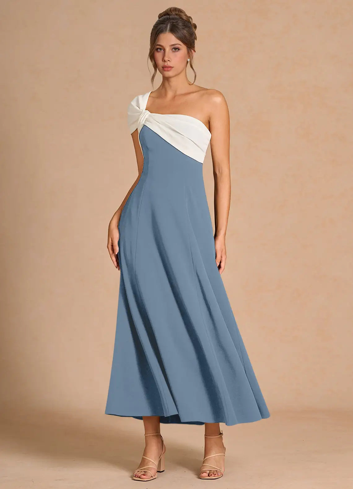 Dusty Blue White Color Block One Shoulder Knot Midi A-Line Bridesmaid Dress