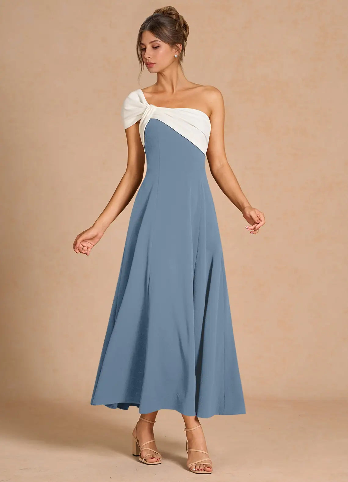 Dusty Blue White Color Block One Shoulder Knot Midi A-Line Bridesmaid Dress