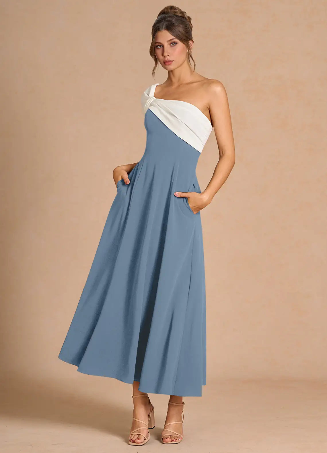 Dusty Blue White Color Block One Shoulder Knot Midi A-Line Bridesmaid Dress