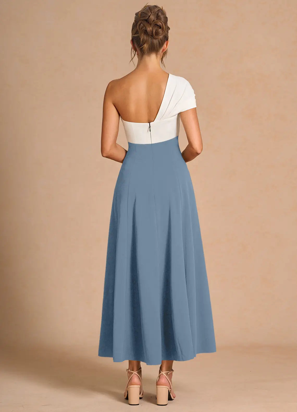 Dusty Blue White Color Block One Shoulder Knot Midi A-Line Bridesmaid Dress
