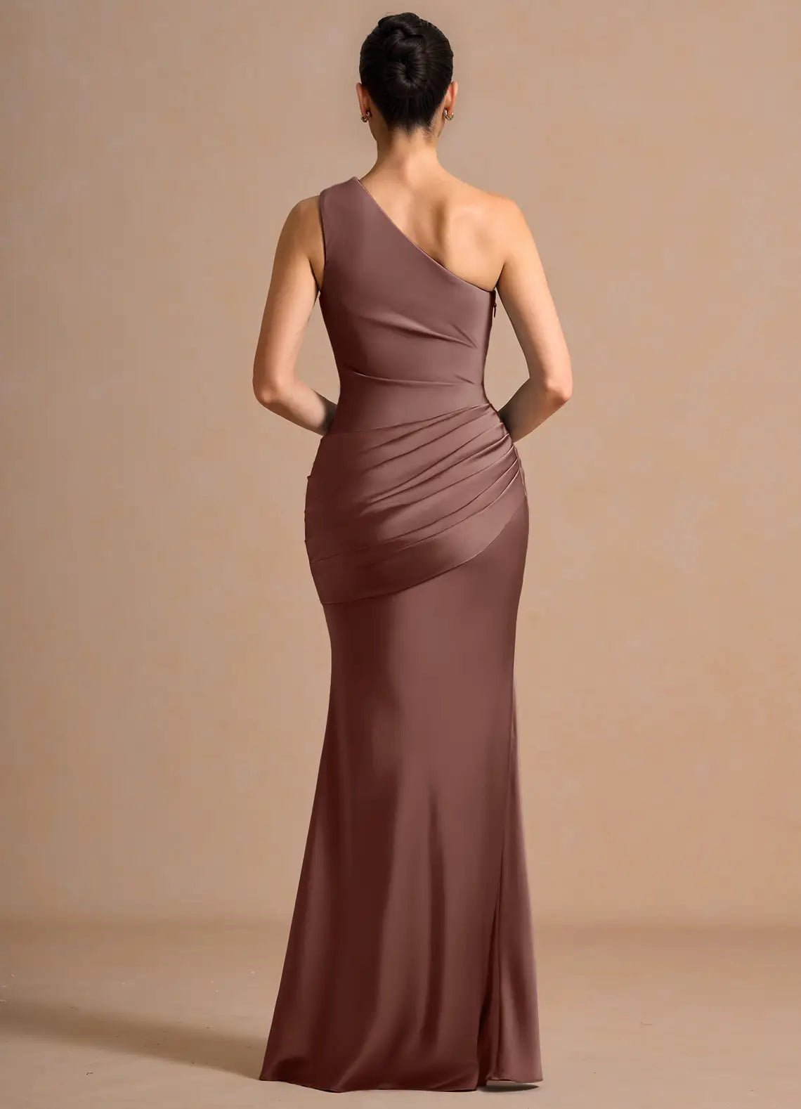 Dusty Mauve One Shoulder Side Ruched Mermaid Maxi Wedding Guest Dress