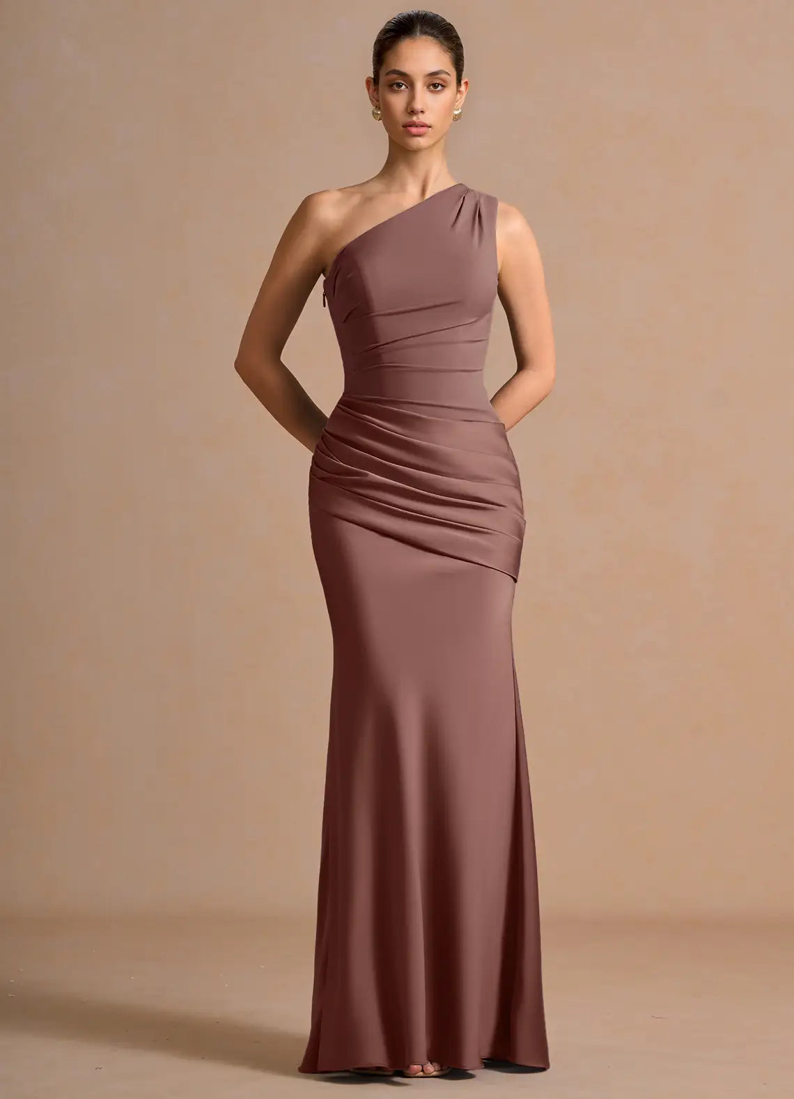 Dusty Mauve One Shoulder Side Ruched Mermaid Maxi Wedding Guest Dress