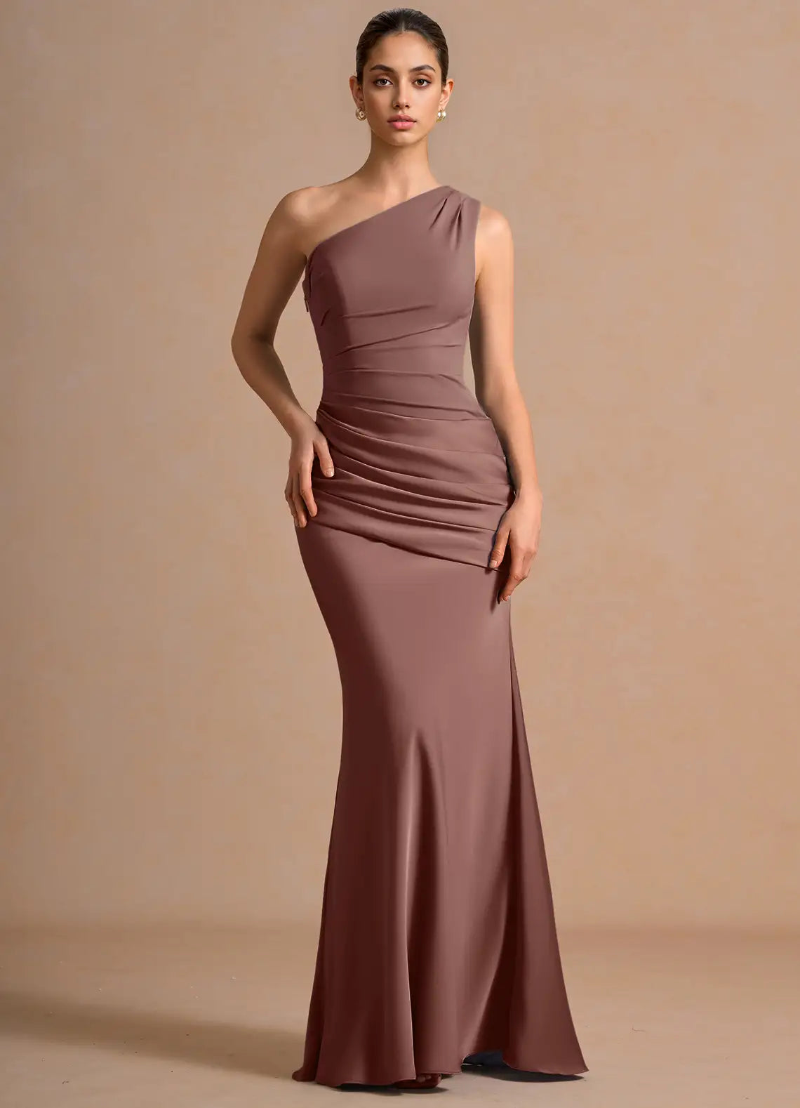 Dusty Mauve One Shoulder Side Ruched Mermaid Maxi Wedding Guest Dress