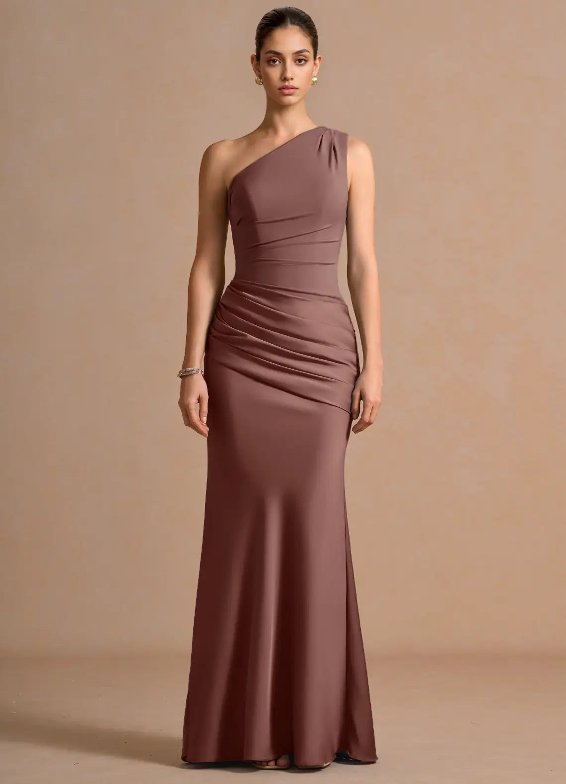 Dusty Mauve One Shoulder Side Ruched Mermaid Maxi Wedding Guest Dress