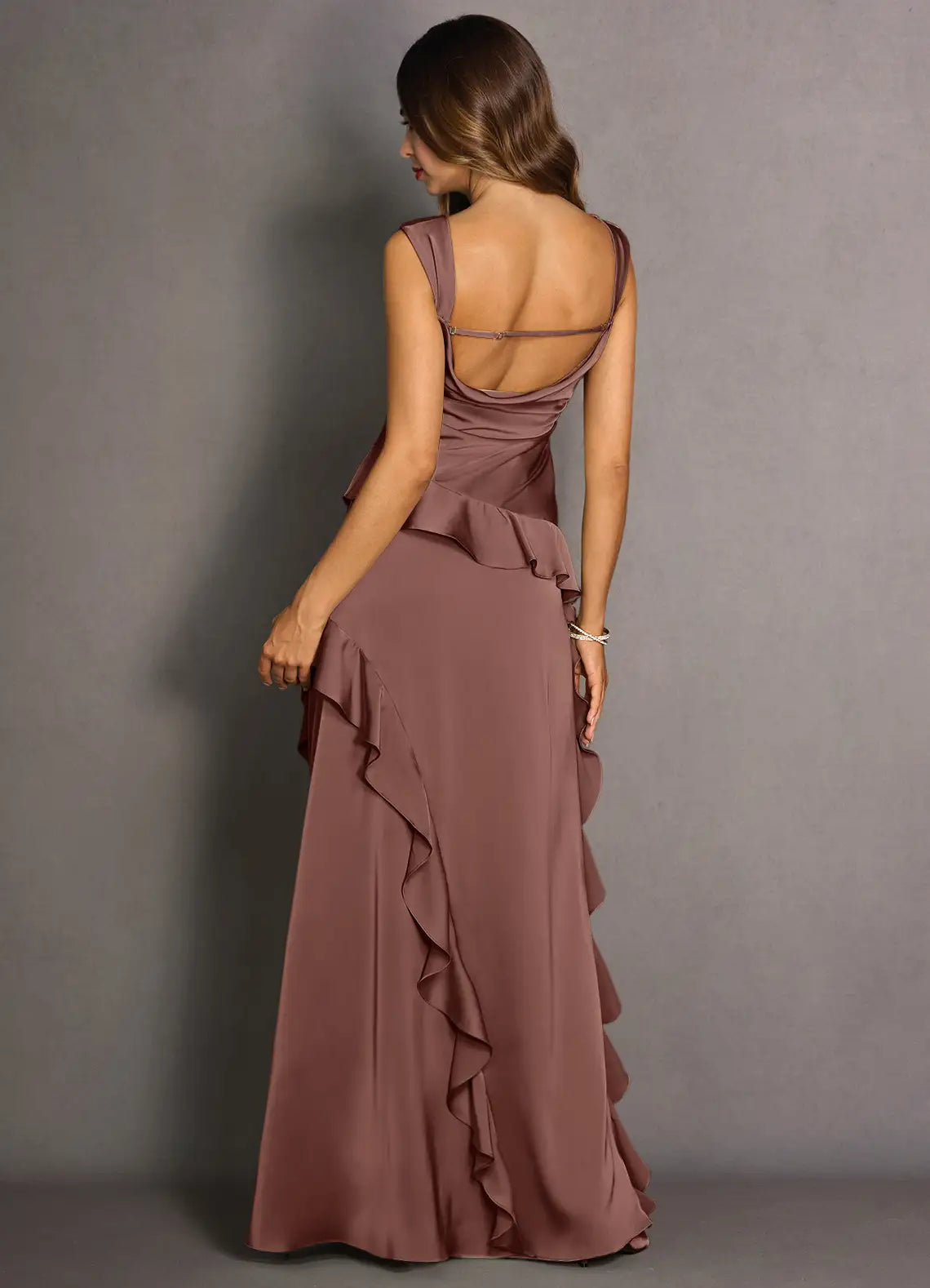 Dusty Mauve Square Wide Strap Asymmetrical Ruffle Slit Satin Maxi Wedding Guest Dress