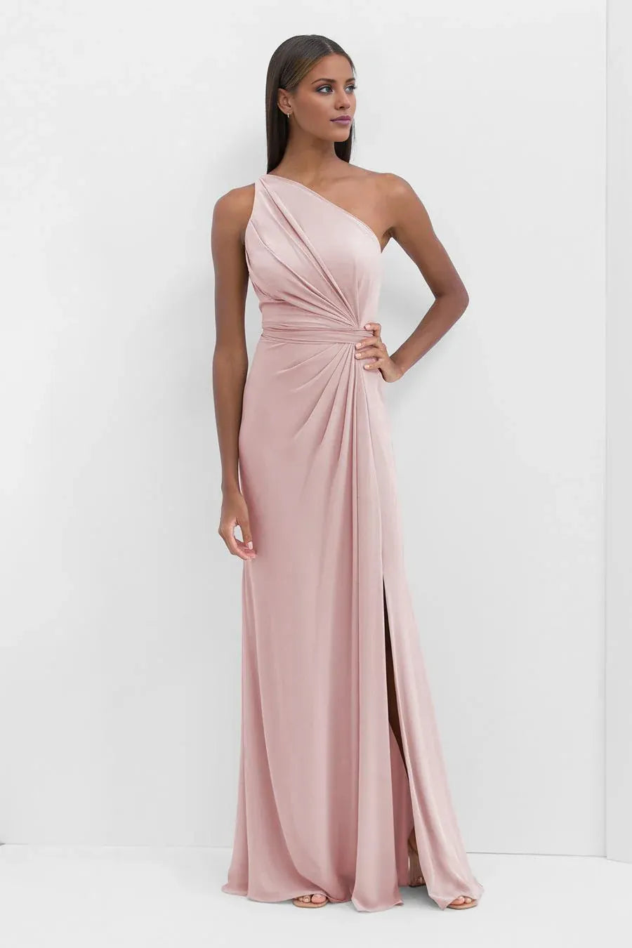 Dusty Pink Floor-Length One-Shoulder Ruched High-Slit Mermaid Wedding Guest Dress