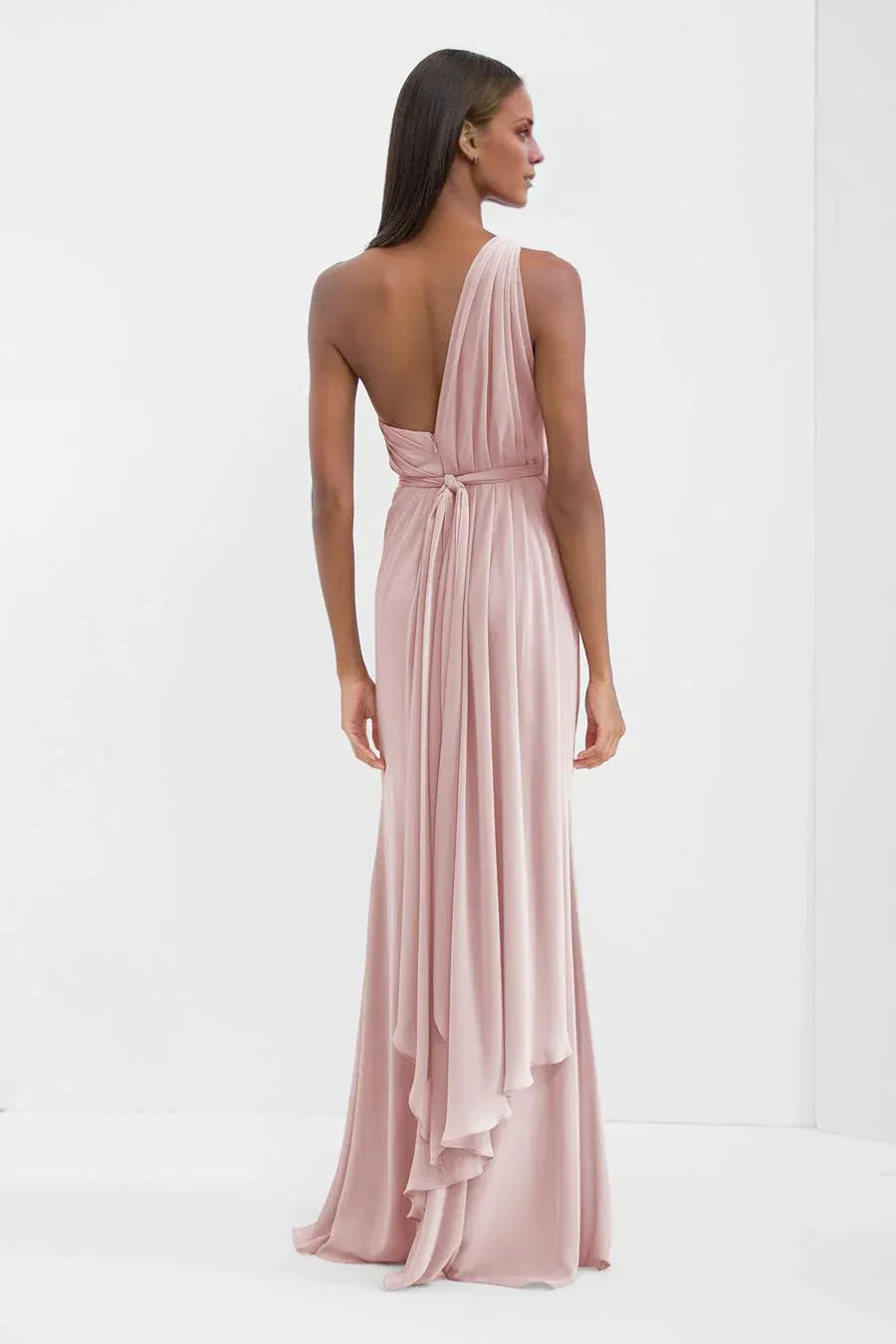 Dusty Pink Floor-Length One-Shoulder Ruched High-Slit Mermaid Wedding Guest Dress