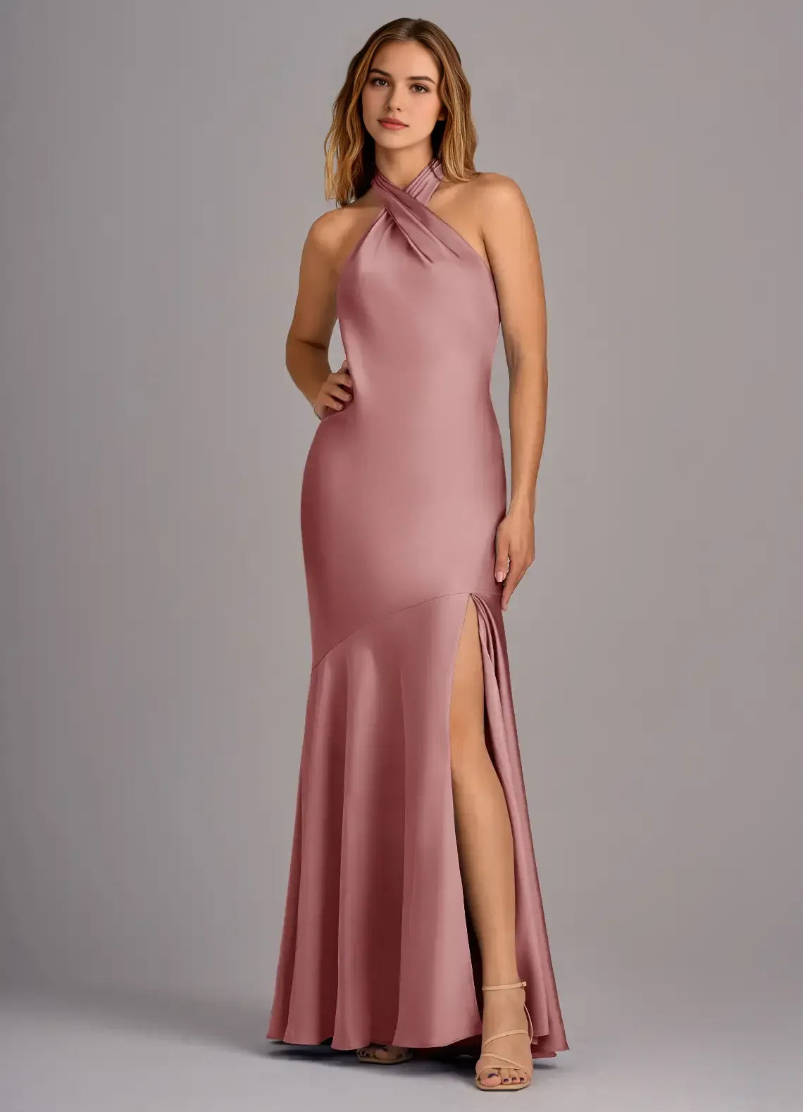 Dusty Pink Halter Wrap Deep Open Back High Slit Floor Length Mermaid Satin Bridesmaid Dress