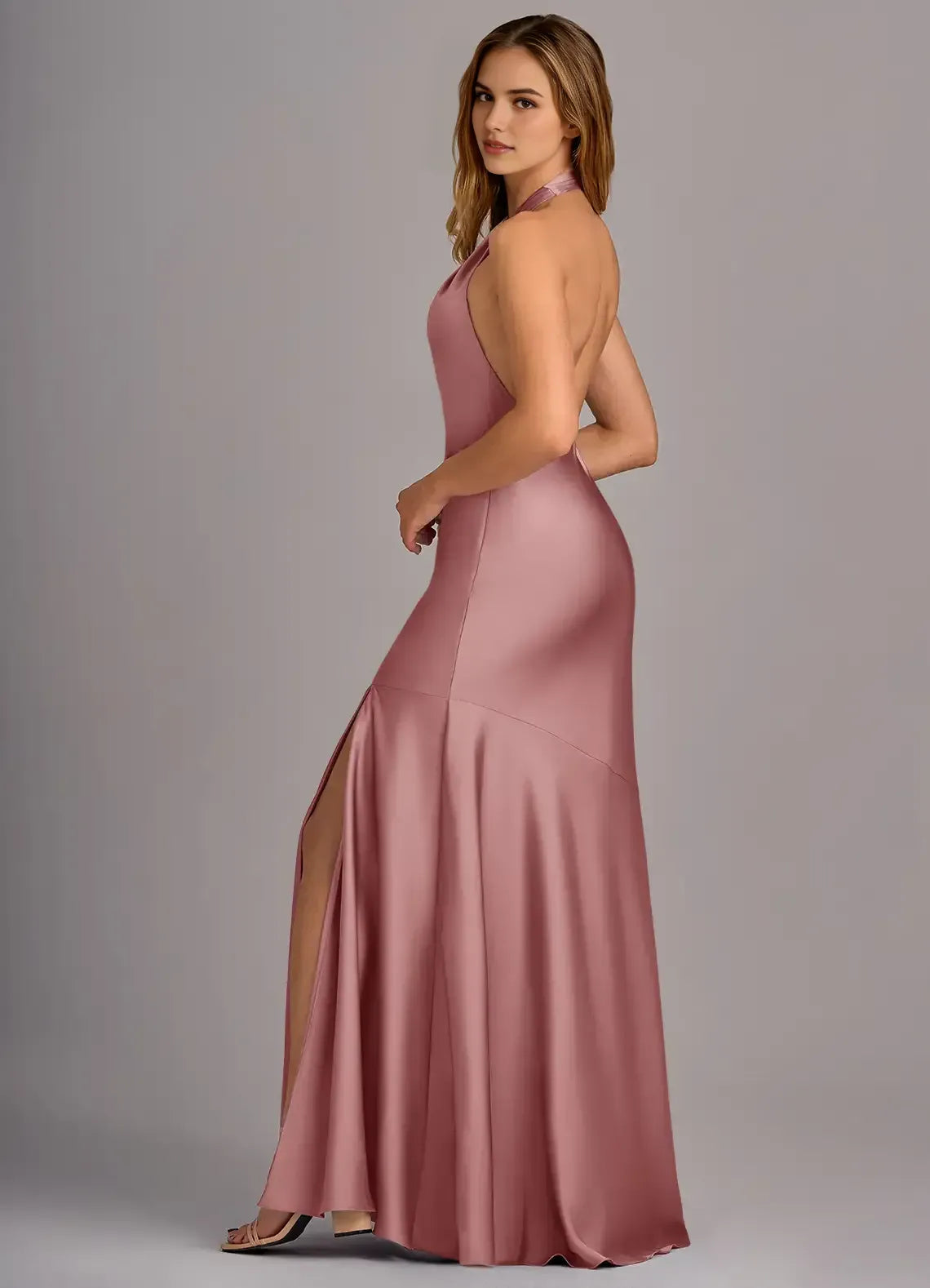 Dusty Pink Halter Wrap Deep Open Back High Slit Floor Length Mermaid Satin Bridesmaid Dress